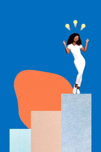 Creatieve Retro Magazine Collage Beeld Van Gelukkige Dame Lopen Trap — Stockfoto