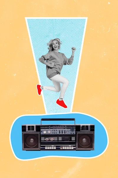 Vertical Photo Collage Artwork Funny Funky Positive Crazy Girl Running — Stock Photo, Image
