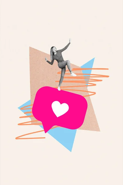 Vertical photo collage illustration of cheerful beautiful funny young girl dancing on big pink like icon isolated painted background.