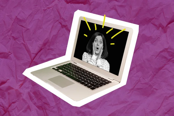 Criativa Colagem Papel Parede Engraçado Animado Menina Imagem Chocado Laptop — Fotografia de Stock