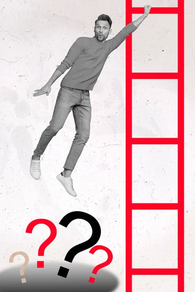 Genç Heyecanlı Adamın Tırmanış Merdivenlerinin Kolajı Kariyerinin Beyaz Arka Planda — Stok fotoğraf