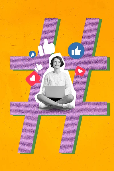 Collage Créatif Jeune Femme Mignonne Utilisant Son Nouveau Symbole Popularité — Photo