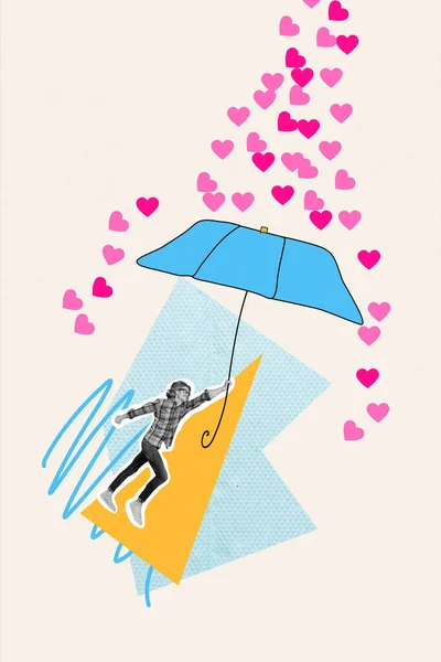 大学生3D拼凑流行复古素描形象笑容满面的快乐家伙在心窝下放伞雨隔离的绘画背景 — 图库照片