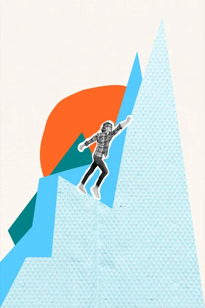 艺术品 杂志拼贴了一个兴奋而自信的家伙成功爬上山顶的图画背景 — 图库照片
