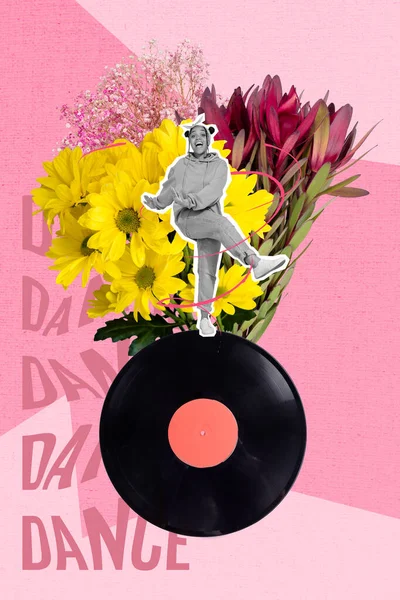 Collage Kunstwerk Grafiken Bild Von Lustigen Lächelnden Dame Tanzen Spaß — Stockfoto