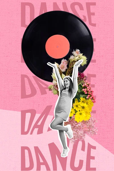 Creative Retro Magazine Collage Image Happy Excited Lady Enjoying Flowers — Stock Photo, Image