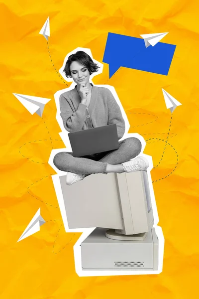 Vertikální Foto Koláž Mladé Inteligentní Chytré Ženy Sedící Vintage Monitor — Stock fotografie