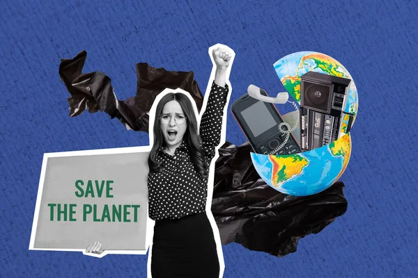 Artwork magazine collage picture of confident serious lady save the planet protest isolated drawing background.