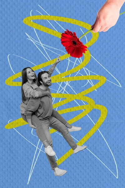 創造的な3D写真アートワークグラフィックスコラージュ絵画の笑顔の女性男歩く腕を保持赤花孤立図面の背景 — ストック写真