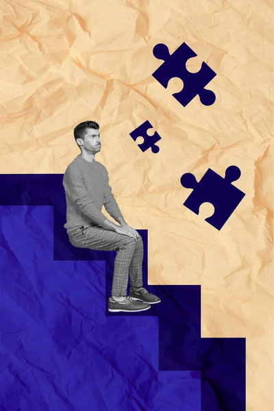 Творческий Ретро Коллаж Изображением Стрессового Депрессивного Парня Сидящего Лестнице — стоковое фото