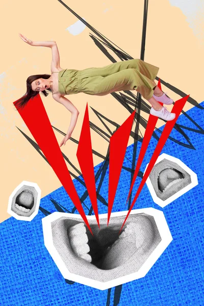 Vertikale Collage Bild Von Beeindruckt Mini Mädchen Fallen Fliegen Riesige — Stockfoto
