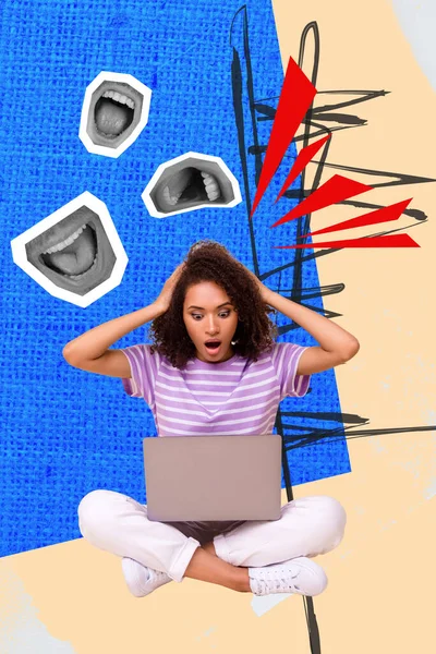 Vertikale Collage Bild Von Beeindruckten Mädchen Verwenden Netbook Hände Berühren — Stockfoto