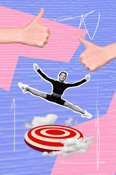 独家杂志图片草图拼贴图片的胳膊显示大拇指被评为女士蹦床跳跃孤立的绘画背景 — 图库照片