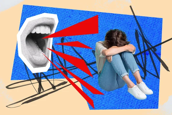 高校学生海报图片画面中伤心 虐待妇女的画面 坐在独白的背景下听指控 — 图库照片