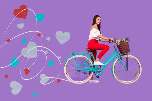 Collage Creativo Imagen Chica Positiva Paseo Bicicleta Flores Frescas Cesta —  Fotos de Stock