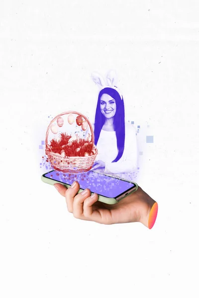 Collage Werbung Osterurlaub Frühling Mädchen Hologramm Touchscreen Telefon Halten Eimer — Stockfoto