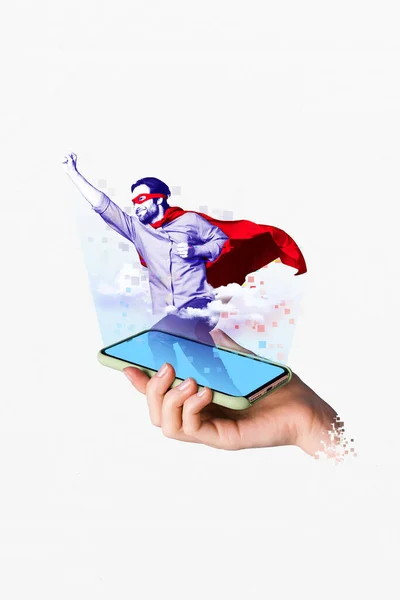 Futurista Plantilla Collage Persona Usuario Jugando Gadget Video Juego Holograma —  Fotos de Stock