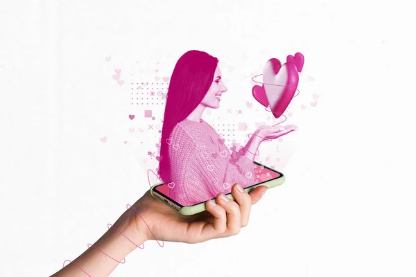 Collage Hologram Smartphone Touchscreen Demonstreren Liefde Symbolen Valentijnsdag Toepassing Vriendin — Stockfoto