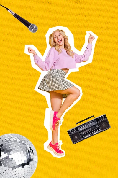 Vertical Collage Picture Overjoyed Positive Girl Dancing Disco Ball Boombox — Stock Photo, Image