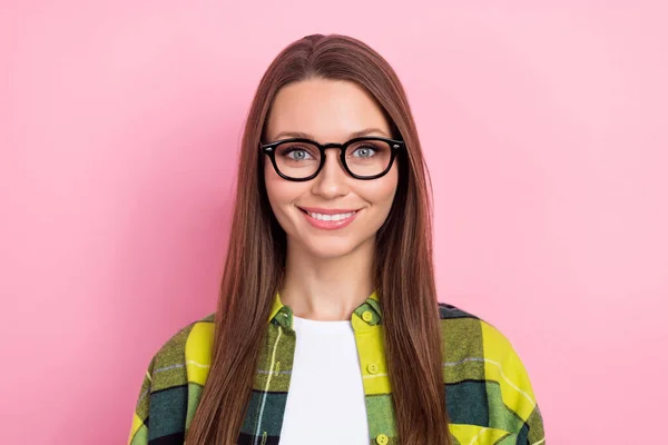 Portrait of nice satisfied clever person beaming smile eyeglasses isolated on pink color background.