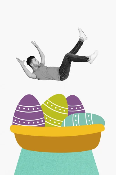 Creativa Fiesta Pascua Collage Foto Joven Divertido Cayendo Dentro Cesta —  Fotos de Stock