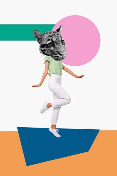 Verbundfotokunst Absurde Kopf Leoparden Collage Frau Tanzt Feiert Neue Kleidung — Stockfoto