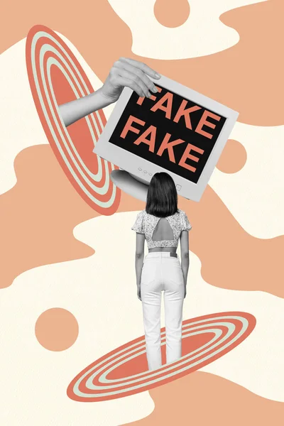 年轻女子看电视的创造性想象拼贴照片假新闻宣传展示了绘画背景下的催眠效果 — 图库照片