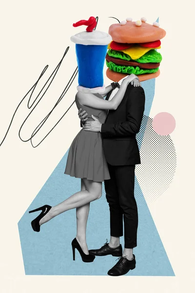 クリエイティブコラージュ広告新しいファーストフードレストランエレガントなカップル抱擁ヘッドレス食べるハンバーガードリンクソーダ描かれた背景に隔離された — ストック写真