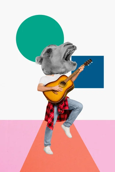 Вертикальний Колаж Голови Верблюда Який Грає Гітарі Збуджений Музичний Інструмент — стокове фото