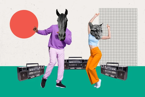 Kreative Collage Bild Von Zwei Sorglosen Menschen Tanzen Pferd Tigerkopf — Stockfoto