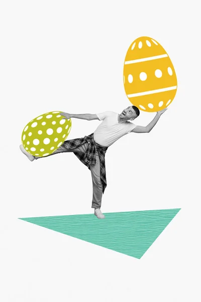 Foto Compuesto Plantilla Collage Hombre Joven Celebrar Enormes Huevos Pascua —  Fotos de Stock