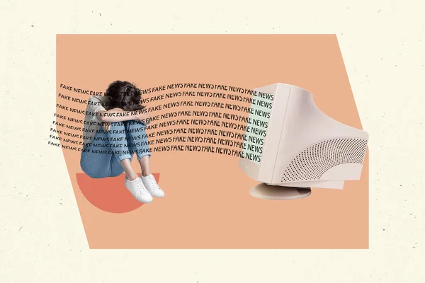 Collage Creativo Foto Ilustración Deprimido Irritado Chica Sentado Escuchando Noticias —  Fotos de Stock