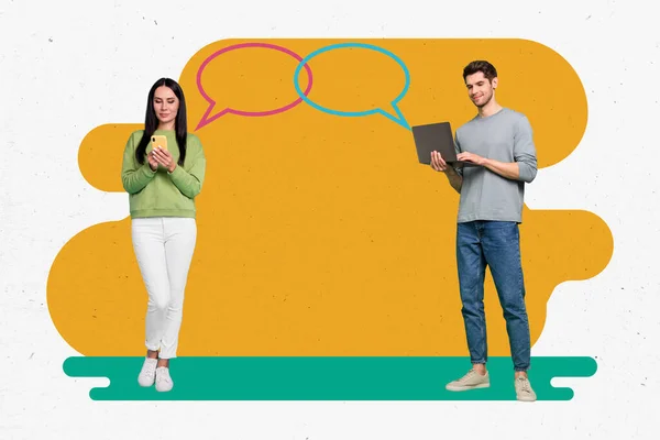 Collage Beeld Van Twee Positieve Mensen Gebruiken Netbook Smart Phone — Stockfoto