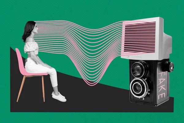 Collage Créatif Photo Illustration Jeune Fille Hypnotisée Assis Sur Chaise — Photo