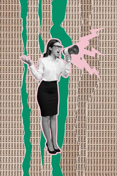 Verticale Foto Kunstwerk Collage Van Boze Serieuze Vrouw Gekleed Formalwear — Stockfoto