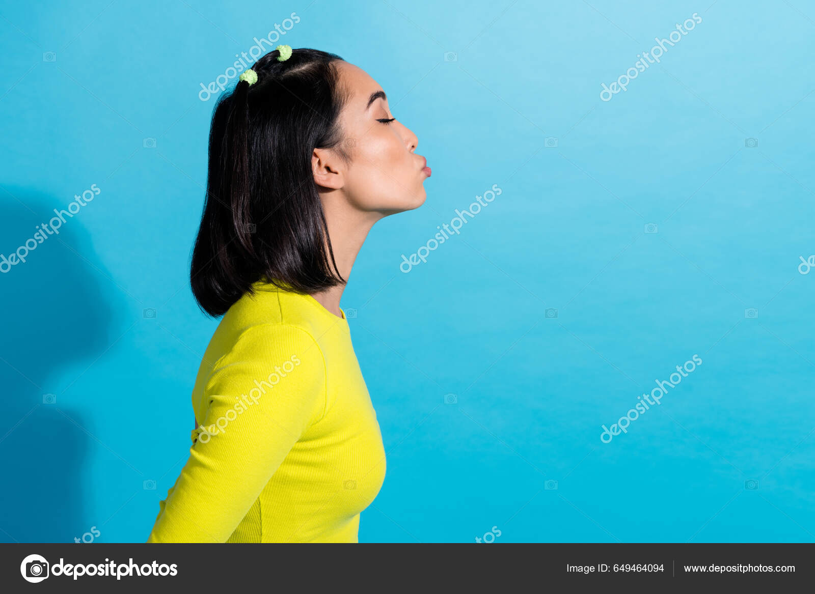 Profile Photo Young Korean Girlfriend Wear Yellow Top Closed Eyes Stock