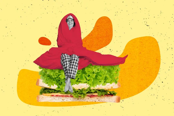 創造的なコラージュ写真のミニ黒白の色の女の子カバー毛布座って巨大なサンドイッチ孤立した絵の背景 — ストック写真