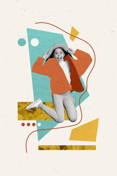 Kompozytowe Zdjęcie Kolaż Reklama Plakat Młody Nastolatek Dziewczyna Skoki Szalony — Zdjęcie stockowe