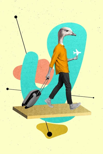 Afbeelding Collage Van Hoofdloze Man Gans Absurde Hold Paper Vliegtuig — Stockfoto