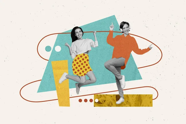 照片横幅组合拼贴两个年轻力壮 轻松愉快的女孩穿着时髦服装的广告 在绘画背景上与世隔绝 — 图库照片