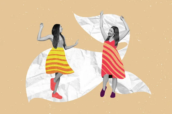 Werbung Fotocollage Von Zwei Jungen Mädchen Tanzen Haben Spaß Sommer — Stockfoto