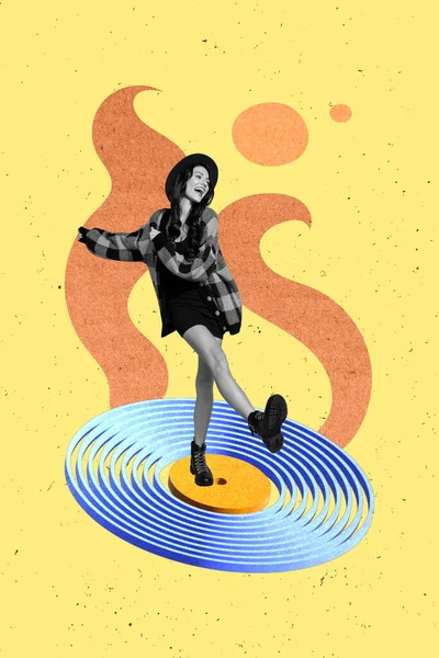 年轻兴奋的嬉皮士女士冷迪斯科舞厅乙烯唱片夏季派对在黄色背景下的复合创作拼贴 — 图库照片