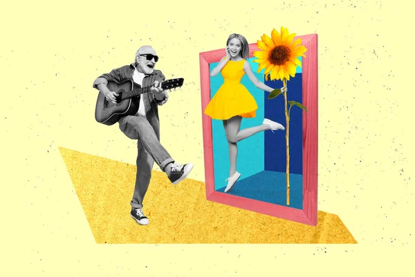 Creative collage of black white gamma grandfather sing play guitar excited girl jump hold sunflower picture frame isolated on painted background.