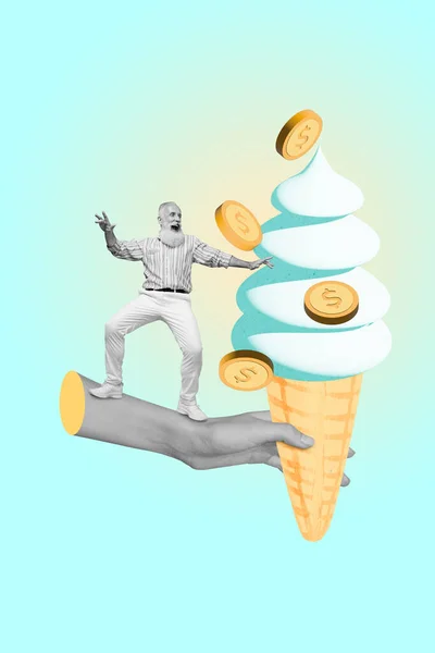 Вертикальний Фотоколаж Реклама Новий Проект Торгівлі Морозивом Спробуйте Сливовий Інвестор — стокове фото