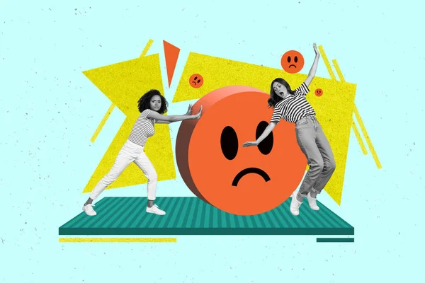 Photo Skecz Kompozytowy Kolaż Młodej Dziewczyny Popychając Ogromny Smutny Emoji — Zdjęcie stockowe