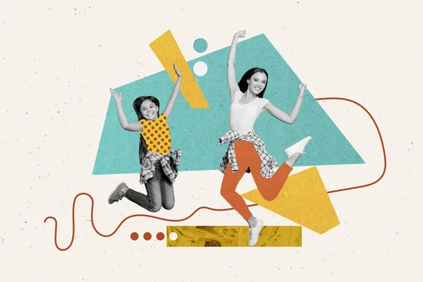 Kreativ Illustration Collage Annons Ung Mamma Förälder Hoppar Med Dotter — Stockfoto