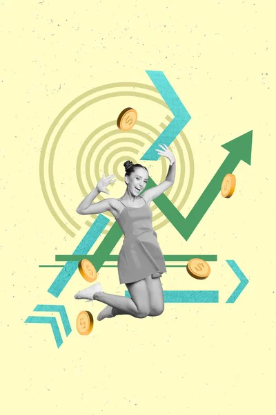 Composite Image Collage Girl Business Investor Jumping Enjoy Her Benefits — Stock Photo, Image