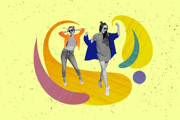 Красочный Шаблон Коллаж Молодых Девушек Танцующих Выходные Расслабиться Носить Стильную — стоковое фото