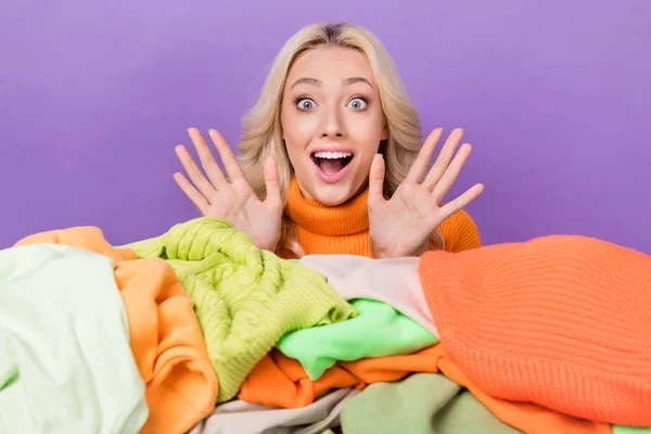 Photo Impressed Overjoyed Girl Raise Opened Arms Palms Pile Stack — Stock Photo, Image