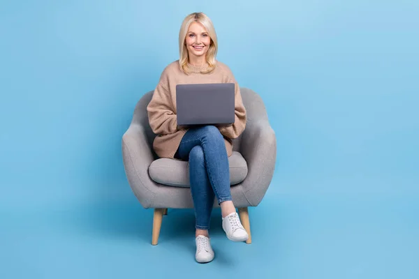 Full Body Photo Cheerful Lady Sit Chair Use Wireless Netbook — Stock Photo, Image